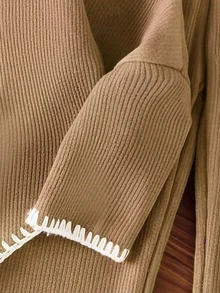 SHEIN 2件組幼女可愛棕色駱駝蝴蝶結羅紋針織長袖高領寬鬆披風式喇叭褲套裝，舒適秋季公主風女童冬季穿搭 - 卡其色 - 查看 6