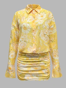 TaskSense Vestido casual romántico tropical de manga larga con estampado floral, botones delanteros plisados, amarillo, para vacaciones, brunch y otoño - Amarillo - Ver 4