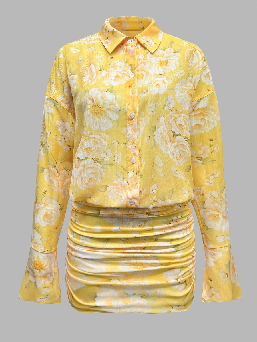 Coastalzia Floral Print Pleated Front Button Casual Tropical Romantic Long Sleeve Dress Vacation Brunch Yellow Fall - Yellow - View 1