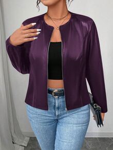 SHEIN PETITE CURVE Plus Size Women's Classic Versatile PU Jacket, Petite Series Fall Winter Cloth For Women Autumn - Purple - View 5