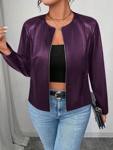 SHEIN PETITE CURVE Plus Size Women's Classic Versatile PU Jacket, Petite Series Fall Winter Cloth For Women Autumn - Purple - View 6