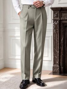 Core Aspect Men's Vintage Classy Vertical Striped Straight Leg Mid-Waist Business Casual Office Formal Dress Pants Dark Grey Autumn - Khaki - View 3