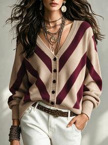 SHEIN Women's V-Neck Colorblock Casual Daily Cardigan - Multicolor - View 6