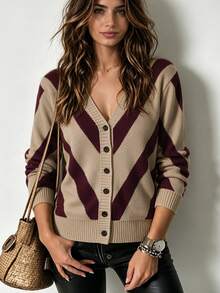 SHEIN Women's V-Neck Colorblock Casual Daily Cardigan - Multicolor - View 7
