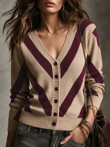 SHEIN Women's V-Neck Colorblock Casual Daily Cardigan - Multicolor - View 3
