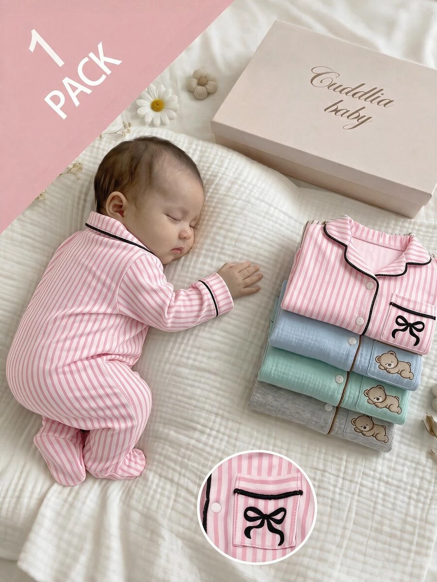 SHEIN Newborn Striped Trim Front Opening Printed Patch Pocket Footed Loose Long Sleeve Autumn Jumpsuit Wear Suitable For Winter Baby - Pink - View 1
