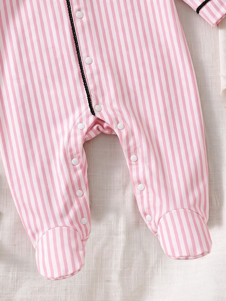 SHEIN Newborn Striped Trim Front Opening Printed Patch Pocket Footed Loose Long Sleeve Autumn Jumpsuit Wear Suitable For Winter Baby - Pink - View 6