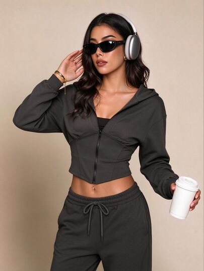 SHEIN Glamour American Casual Hot Girl Style Dark Gray Hooded Front Zipper Design Adjustable Length, Long Sleeve Cuffed Front Chest Split Line Waist-Defining Short Sweatshirt, Women's Sports Sweatshirt, Suitable For Daily Commute, Shopping, Fitness, Travel, Campus Wear