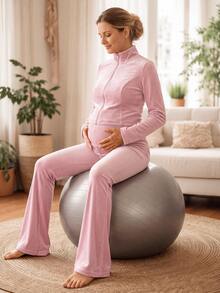 GentleRue Maternity Elegant Solid Color High Elasticity Velvet Maternity Sports Set - Pink - View 3