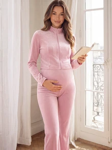 GentleRue Maternity Elegant Solid Color High Elasticity Velvet Maternity Sports Set - Pink - View 4