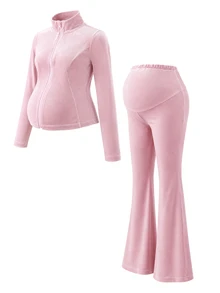 GentleRue Maternity Elegant Solid Color High Elasticity Velvet Maternity Sports Set - Pink - View 8