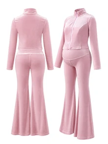 GentleRue Maternity Elegant Solid Color High Elasticity Velvet Maternity Sports Set - Pink - View 9