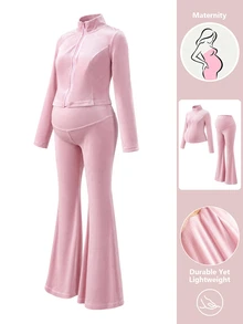 GentleRue Maternity Elegant Solid Color High Elasticity Velvet Maternity Sports Set - Pink - View 6