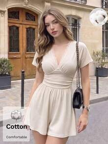 SHEIN MOD 女款棉質對比蕾絲V領泡泡袖抓皺寬腿連身褲 白色甜美少女風 海灘度假派對夏季假期聖誕秋季休閒裝 - 棕色 - 查看 3