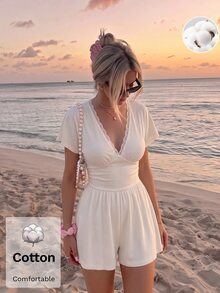 SHEIN MOD 女款棉質對比蕾絲V領泡泡袖抓皺寬腿連身褲 白色甜美少女風 海灘度假派對夏季假期聖誕秋季休閒裝 - 棕色 - 查看 1