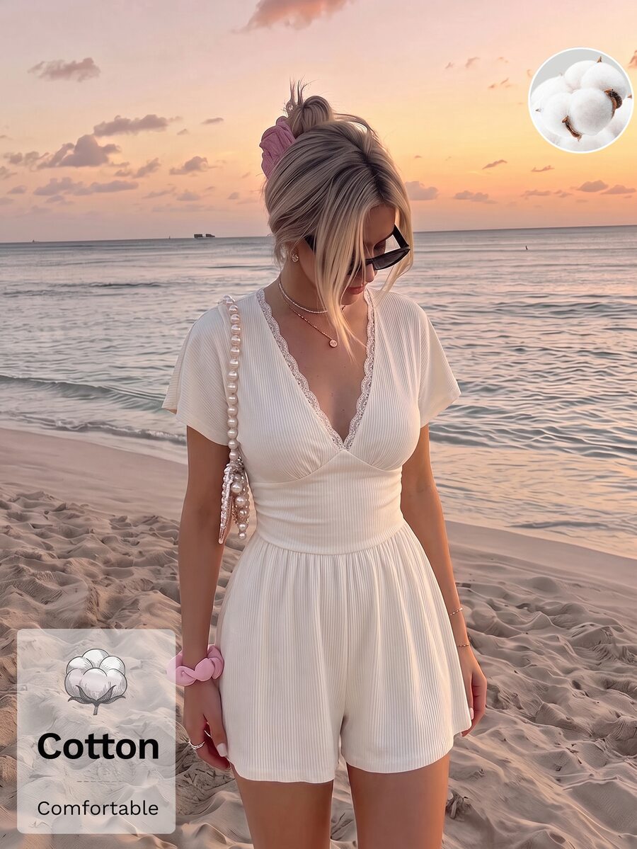 SHEIN MOD 女款棉質對比蕾絲V領泡泡袖抓皺寬腿連身褲 白色甜美少女風 海灘度假派對夏季假期聖誕秋季休閒裝 - 棕色 - 查看 1