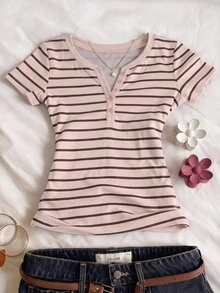 SHEIN Tween Girl Striped Button Kids Half-Placket Short Sleeve Casual T-Shirt - Pink - View 1