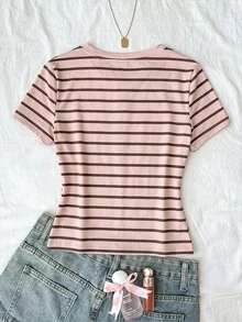 SHEIN Tween Girl Striped Button Kids Half-Placket Short Sleeve Casual T-Shirt - Pink - View 2