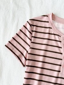 SHEIN Tween Girl Striped Button Kids Half-Placket Short Sleeve Casual T-Shirt - Pink - View 6