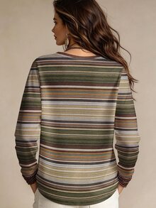 SHEIN LUNE Striped Print Fashion Casual Plus Size V-Neck Long Sleeve T-Shirt - Multicolor - View 2