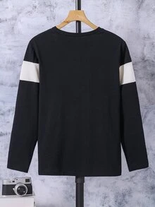 SHEIN Teen Boys' Casual Color Block Pullover T-Shirt With Round Neckline And Cotton-Linen Blend - Black - View 2