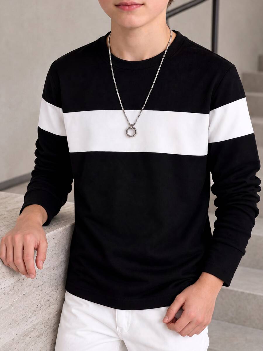 SHEIN Teen Boys' Casual Color Block Pullover T-Shirt With Round Neckline And Cotton-Linen Blend - Black - View 1