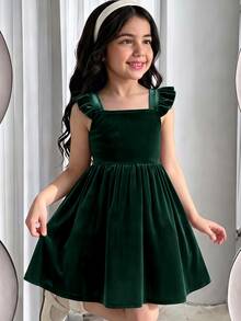 SHEIN Young Girl Young Girl Kids Deep Wine Red Casual Solid Color Autumn Winter Dress - Green - View 2