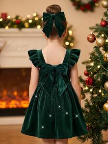 SHEIN Young Girl Young Girl Kids Deep Wine Red Casual Solid Color Autumn Winter Dress - Green - View 3