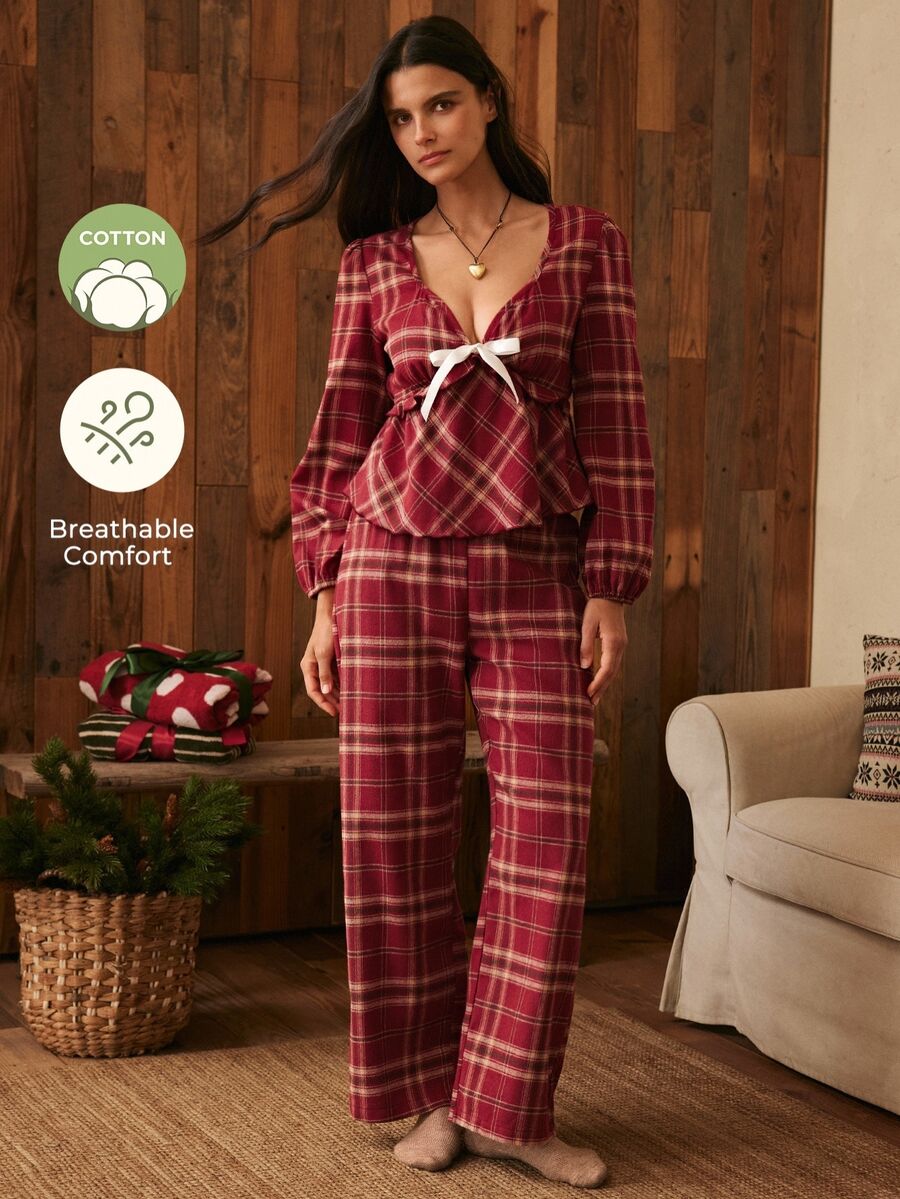 Lullawish طقم بنطلون بيجامة قطني طويل الأكمام بنقشة مربعات كاجوال للمنزل للنساء - احمر خشبي - مشاهدة 1