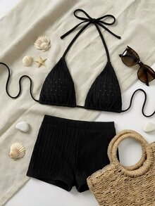 SHEIN Swim Solid Color Textured Bikini For Beach Vacation - Black - View 4