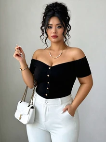 Elenzga Plus Size Women Solid Color One Shoulder Single-Breasted Short Sleeve Fashion T-Shirt Date Night Black Summer Sexy Elegant Casual Formal Birthday - Black - View 3