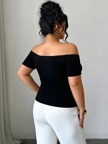 Elenzga Plus Size Women Solid Color One Shoulder Single-Breasted Short Sleeve Fashion T-Shirt Date Night Black Summer Sexy Elegant Casual Formal Birthday - Black - View 2