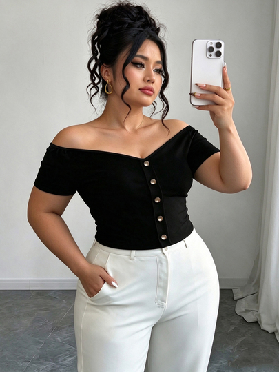 Elenzga Plus Size Women Solid Color One Shoulder Single-Breasted Short Sleeve Fashion T-Shirt Date Night Black Summer Sexy Elegant Casual Formal Birthday