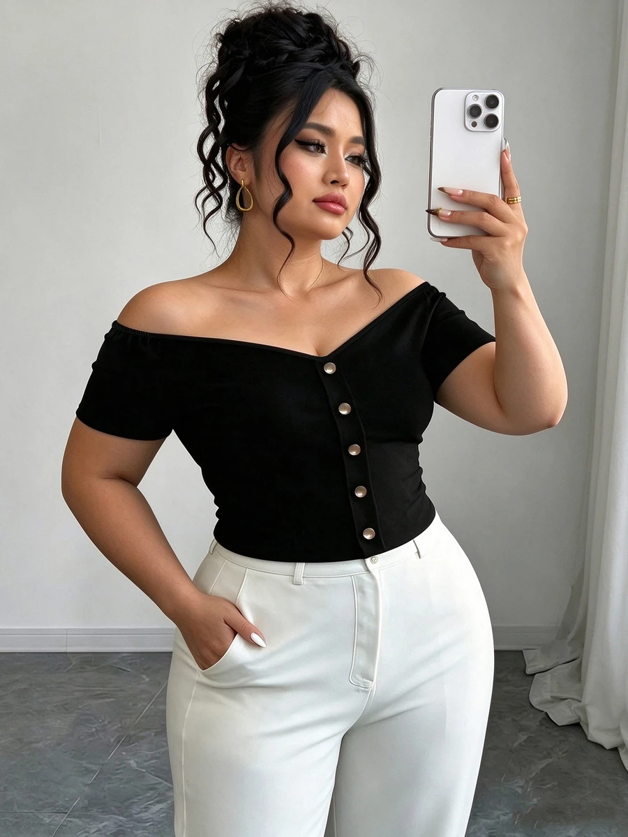 Elenzga Plus Size Women Solid Color One Shoulder Single-Breasted Short Sleeve Fashion T-Shirt Date Night Black Summer Sexy Elegant Casual Formal Birthday - Black - View 1