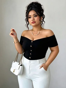 Elenzga Plus Size Women Solid Color One Shoulder Single-Breasted Short Sleeve Fashion T-Shirt Date Night Black Summer Sexy Elegant Casual Formal Birthday - Black - View 5