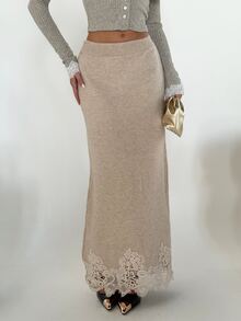 SHEIN Allurite Autumn/Winter Elegant Oatmeal Color A-Line Lace Trim Hem Sweater Skirt For Women, Suitable For Party, Date And Casual Wear - Apricot - View 1