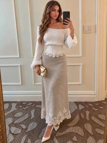 SHEIN Allurite Autumn/Winter Elegant Oatmeal Color A-Line Lace Trim Hem Sweater Skirt For Women, Suitable For Party, Date And Casual Wear - Apricot - View 4
