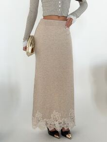 SHEIN Allurite Autumn/Winter Elegant Oatmeal Color A-Line Lace Trim Hem Sweater Skirt For Women, Suitable For Party, Date And Casual Wear - Apricot - View 8