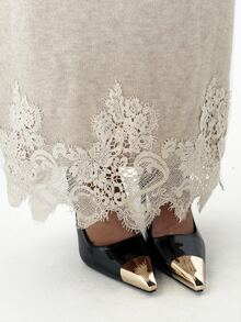 SHEIN Allurite Autumn/Winter Elegant Oatmeal Color A-Line Lace Trim Hem Sweater Skirt For Women, Suitable For Party, Date And Casual Wear - Apricot - View 2