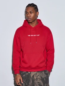 Modcrash Men's Autumn/Winter Casual Fashion Versatile Daily Commute Minimalist Letter Slogan Print Kangaroo Pocket Drawstring Hooded Sweatshirt Fall/Autumn/Winter Long Sleeve - Red - View 1