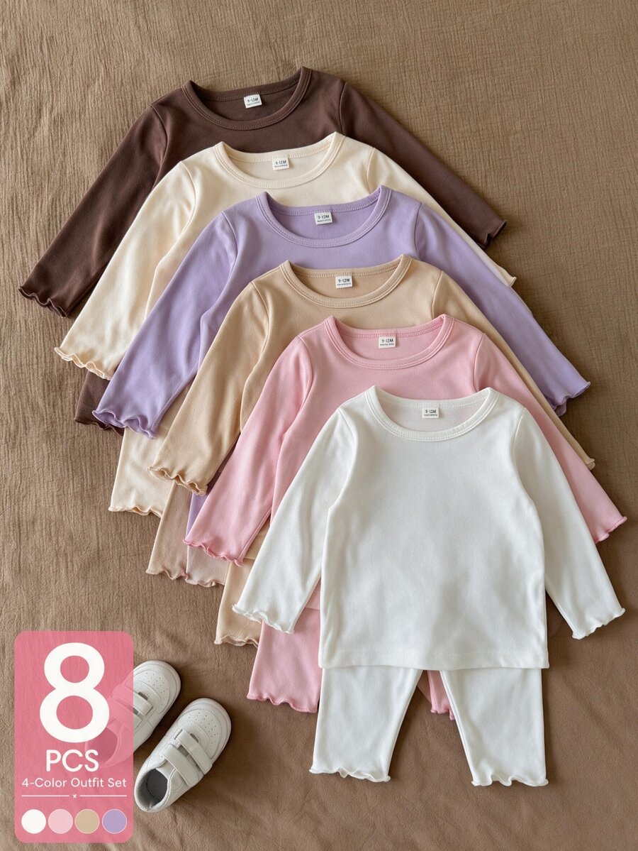 SHEIN 2件組幼兒女嬰T恤與長褲內搭褲套裝，白色米色粉色紫色素色長袖圓領荷葉邊波浪邊羅紋秋季派對款 - 彩色 - 查看 1