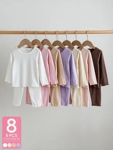 SHEIN 2件組幼兒女嬰T恤與長褲內搭褲套裝，白色米色粉色紫色素色長袖圓領荷葉邊波浪邊羅紋秋季派對款 - 彩色 - 查看 2