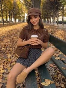 Comfortcana Women's Vintage Retro Elegant Sequin Button Half-Placket Short Sleeve Knit Top Brunch Night Out Tea Party Brown Summer Thanksgiving - Brown - View 1
