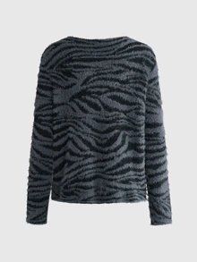 ROMWE Autumn/Winter Y2K Punk Street Zebra Stripe Jacquard Loose Pullover Sweater - Dark Grey - View 8