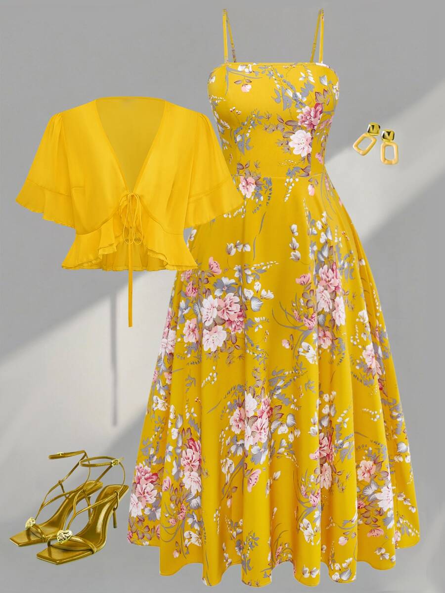 Grovea Plus Size Women's Floral Print 2 Pieces Set, Butter Yellow Pink Summer Boho Romantic Celestial Vacation Holiday Chiffon Blouse Jacket Ruffle Hem Dress