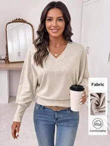 Editum Women's Casual Versatile Solid Color Batwing Sleeve Sweatshirt Brunch Beige Fall - Apricot - View 1