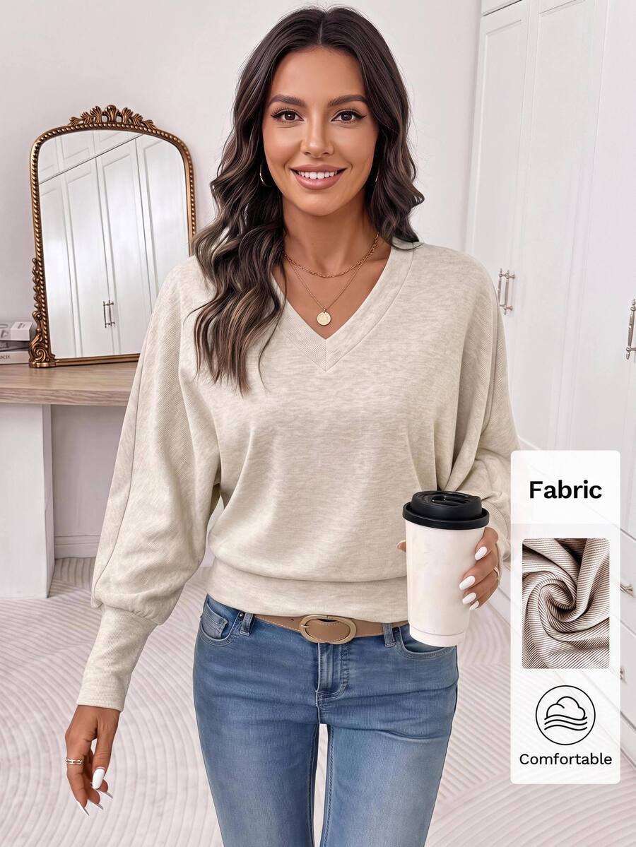 Editum Women's Casual Versatile Solid Color Batwing Sleeve Sweatshirt Brunch Beige Fall - Apricot - View 1