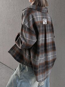 FRIFUL Women's Spring/Autumn Plaid Single-Breasted Back Letter Graphic Pleated Fashion Versatile Blouse - Grey - View 1