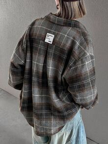 FRIFUL Women's Spring/Autumn Plaid Single-Breasted Back Letter Graphic Pleated Fashion Versatile Blouse - Grey - View 2