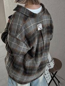 FRIFUL Women's Spring/Autumn Plaid Single-Breasted Back Letter Graphic Pleated Fashion Versatile Blouse - Grey - View 6